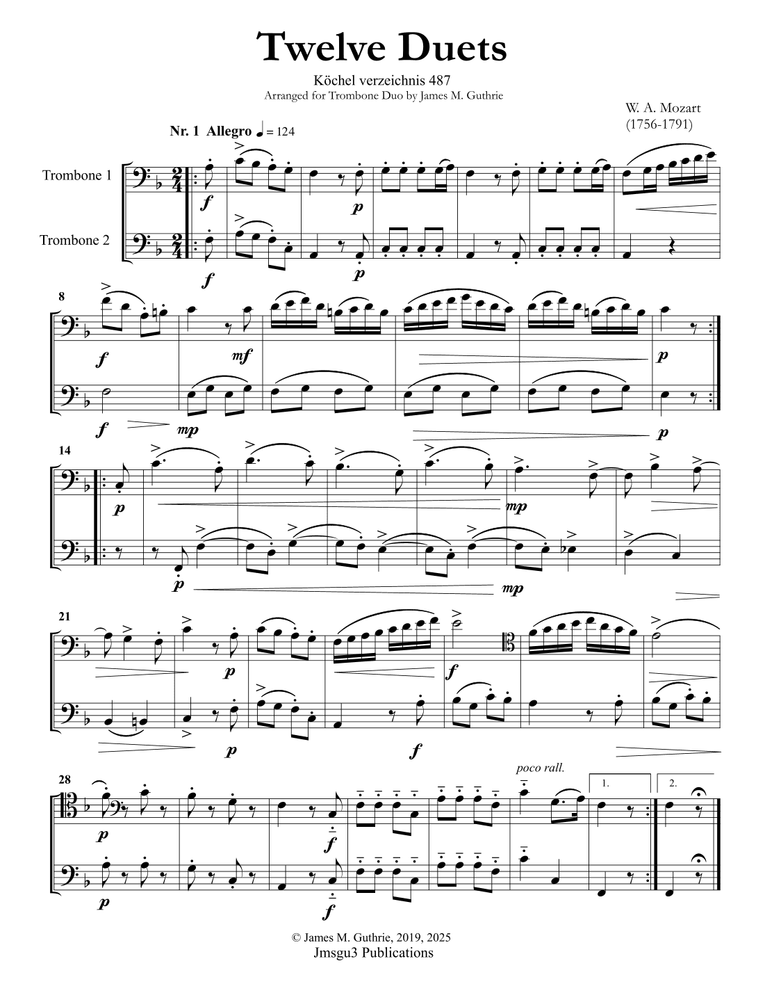 Mozart: Twelve Duets K. 487 for Trombone Duo (arr. James M. Guthrie, ASCAP)