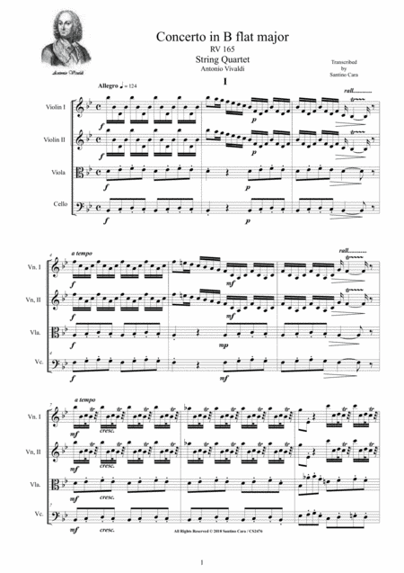 Vivaldi - Concerto in B flat major RV 165 for String Quartet (arr. Santino Cara)