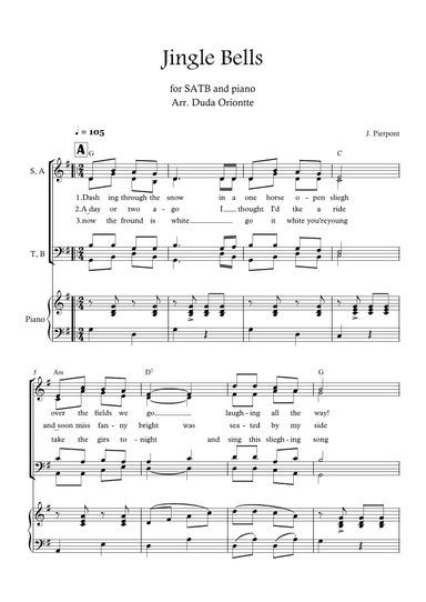 Jingle Bells (G major - SATB - with chords - with piano - two staff) (arr. Duda Oriontte)