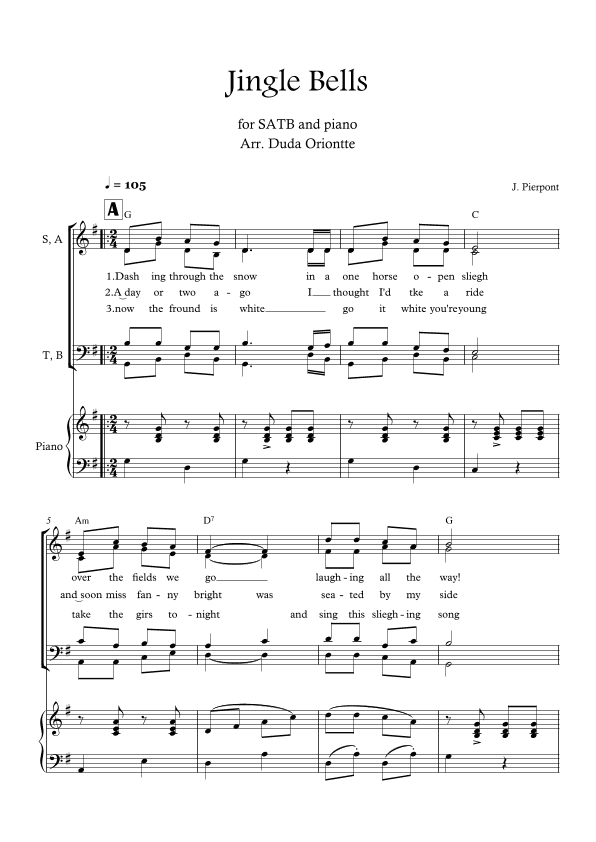 Jingle Bells (G major - SATB - with chords - with piano - two staff) (arr. Duda Oriontte)