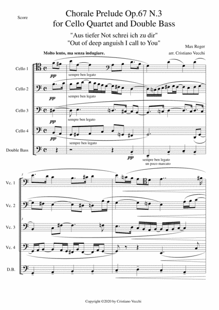 Chorale Prelude Op.67 N.3 for Cello Quartet and Double Bass (arr. Cristiano Vecchi)
