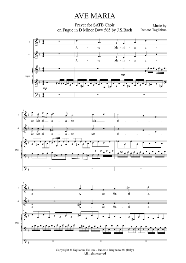 AVE MARIA - Tagliabue - Prayer for SATB Choir on Fugue in D Minor Bwv 565 by J.S.Bach