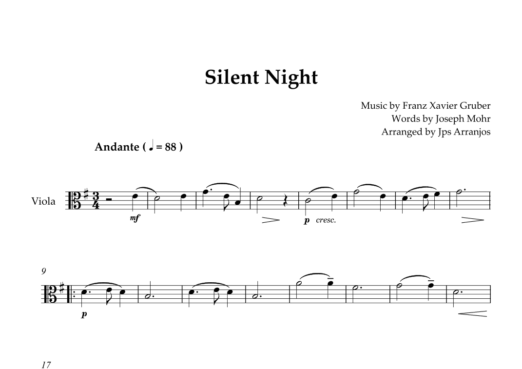 Silent Night For Viola Solo (arr. Jps Arrangements)
