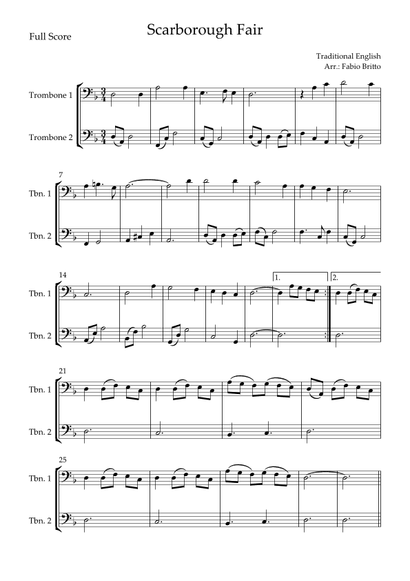 Scarborough Fair for Trombone Duo (arr. Fabio Britto)