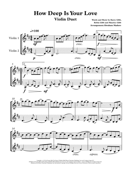 How Deep Is Your Love  from the Motion Picture SATURDAY NIGHT FEVER (arr. Abraham Maduro)