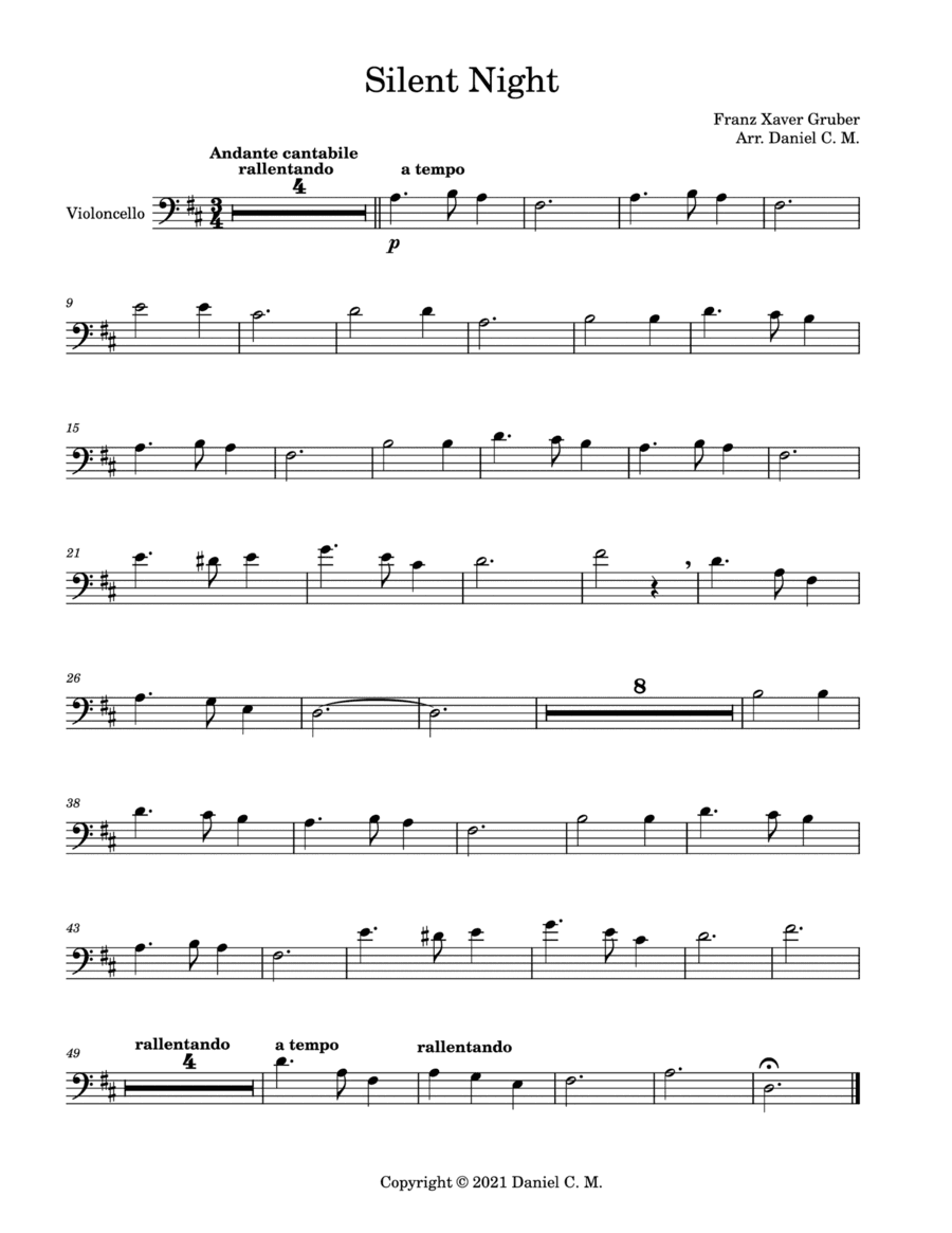 Silent Night for cello and piano (easy) (arr. Daniel C. M.)