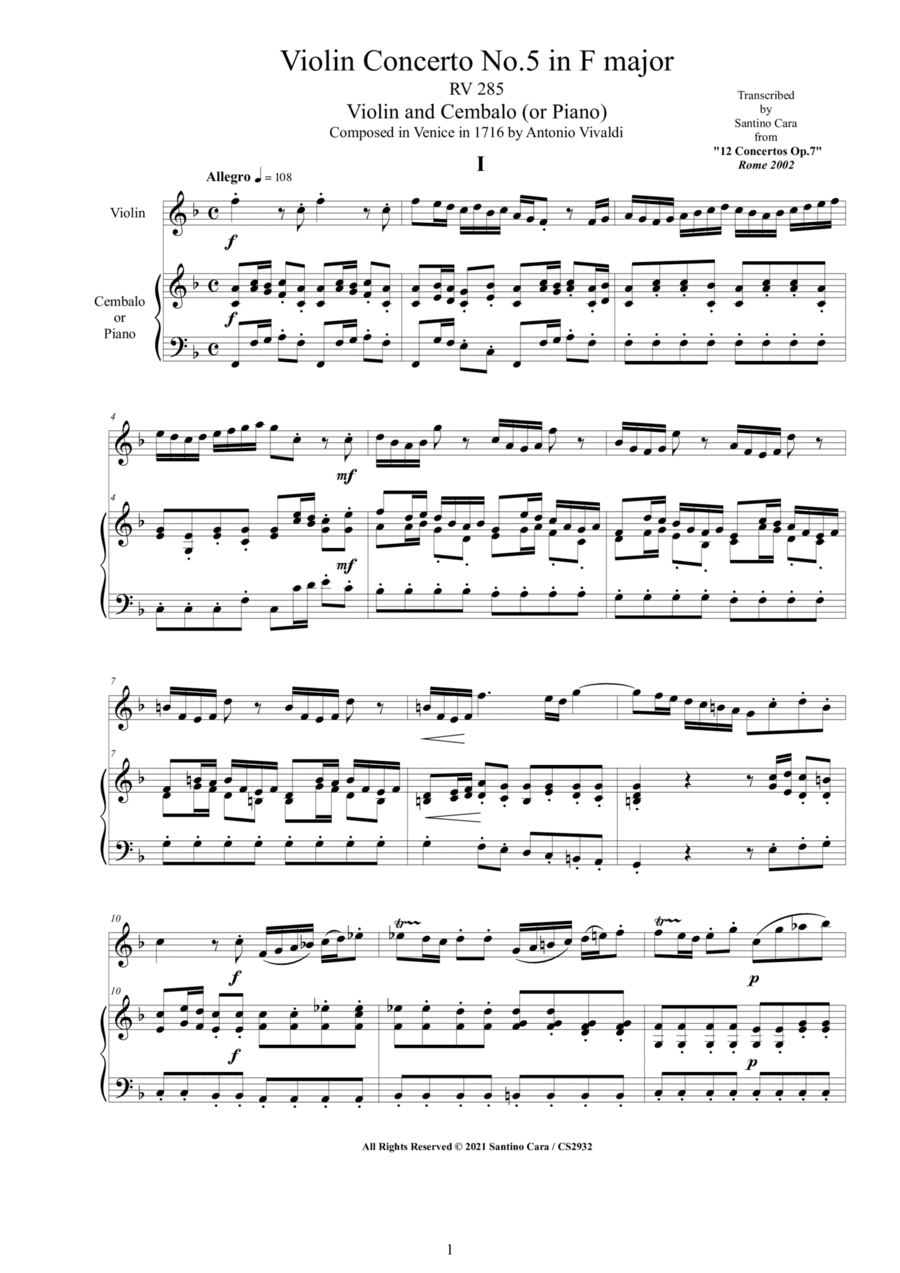 Vivaldi - Violin Concerto No.5 in F major RV 285 Op.7 for Violin and Cembalo (or Piano) (arr. Santino Cara)