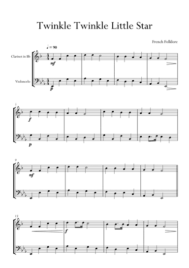 Twinkle Twinkle Little Star in Eb Major for Clarinet and Cello (Violoncello) Duo. Easy. (arr. Matheus Araújo)