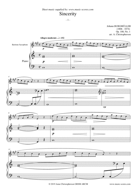 Sincerity - Burgmuller Op.100, No.1 - Baritone Sax & Piano (arr. Anne L Christopherson GRSM ARCM)