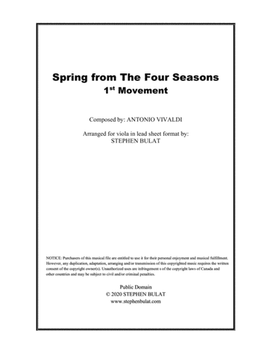 Spring - 1st Movement from "The Four Seasons" (Vivaldi) - Viola lead sheet (key of A) (arr. Stephen Bulat)