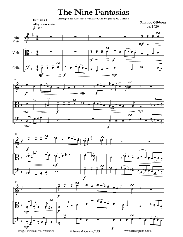 Gibbons: The Nine Fantasias for Alto Flute, Viola & Cello (arr. James M. Guthrie, ASCAP)