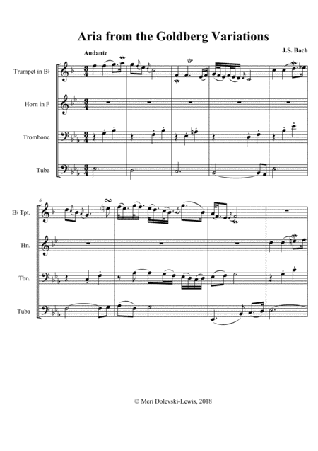 Aria from the Goldberg Variations: for Brass Quartet (trumpet, horn, trombone, tuba) (arr. Meri Dolevski)