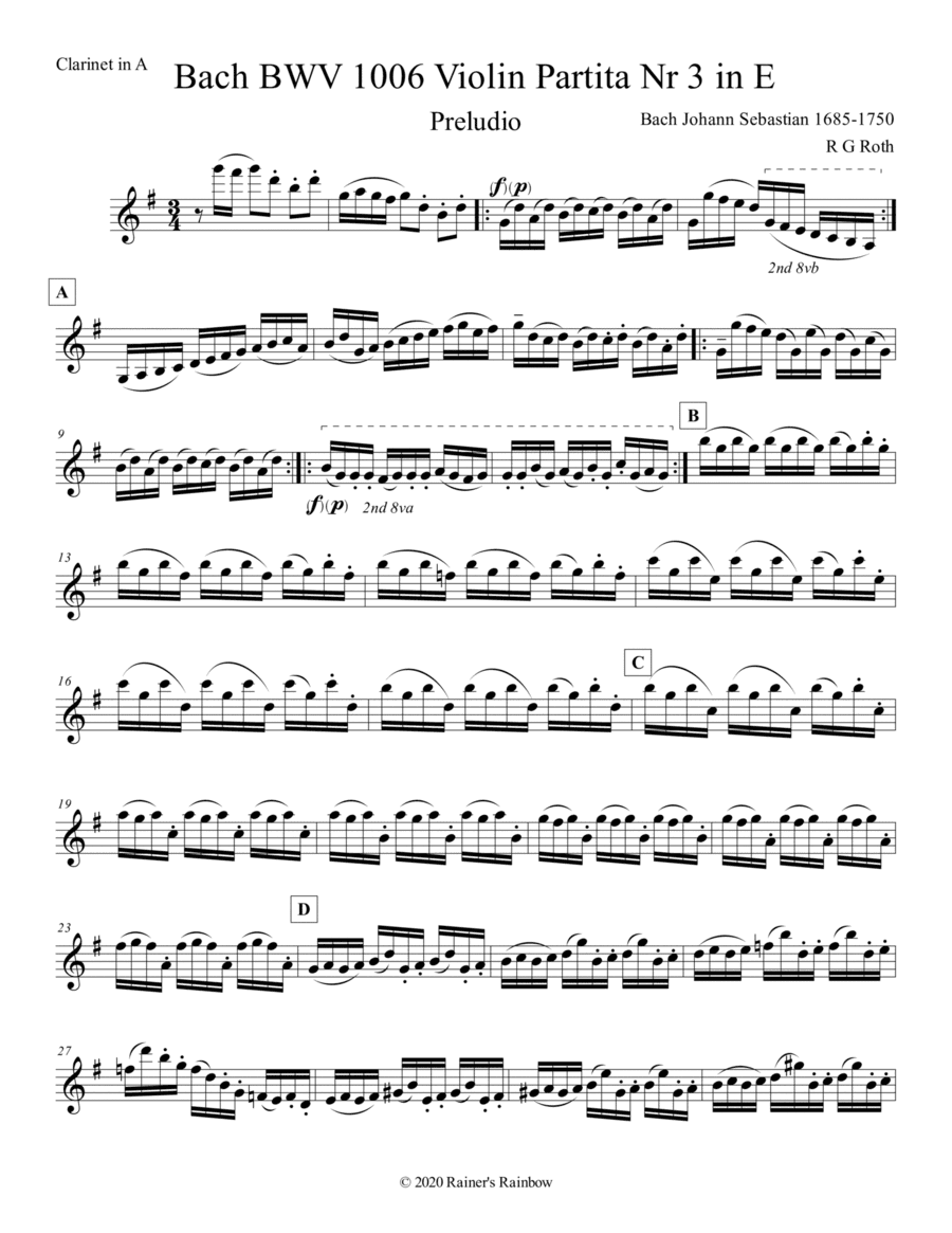 Bach BWV 1006 in E Violin Partita Nr 3 complete for A or Bb Clarinet (arr. R. G. Roth)