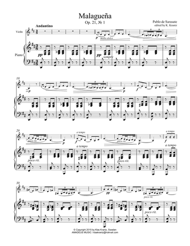 Malaguena Op. 21 No. 1 for violin and piano (arr. K. Krantz)