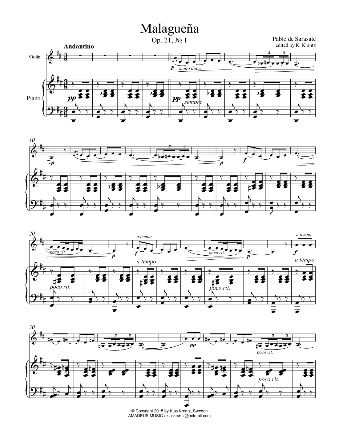 Malaguena Op. 21 No. 1 for violin and piano (arr. K. Krantz)