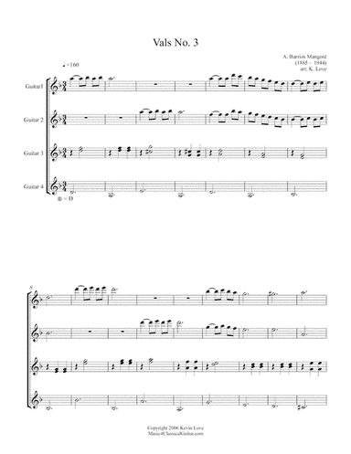 Vals No. 3 (Guitar Quartet) - Score and Parts (arr. K. Love)