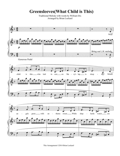 Greensleeves(What Child is This?) Piano Solo or Piano and Medium Voice (arr. Brian Lockard)