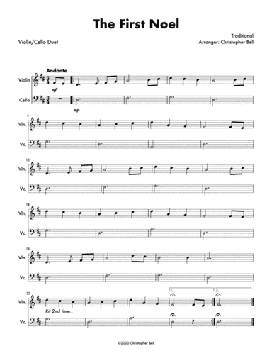 First Noel - Easy Violin/Cello Duet (arr. Christopher Bell)