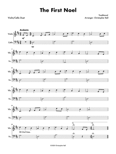 First Noel - Easy Violin/Cello Duet (arr. Christopher Bell)