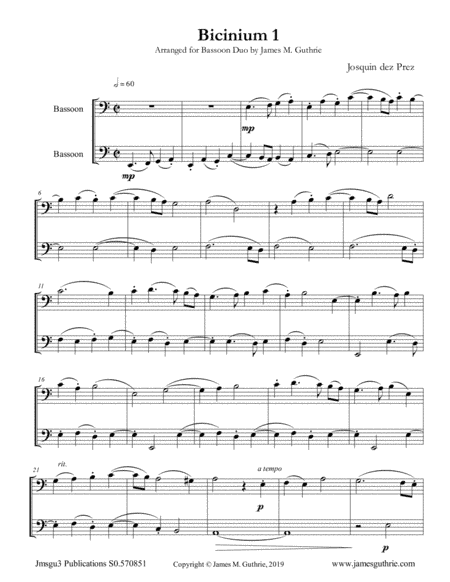 Josquin: Bicinium 1 for Bassoon Duo (arr. James M. Guthrie)