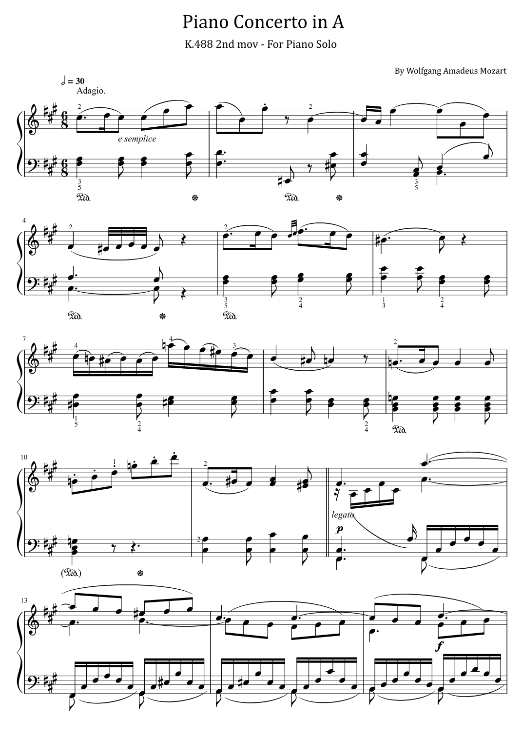 Mozart - Piano Concerto in A - K.488 -  2nd mov - Adagio for piano solo With Fingered (arr. poon)