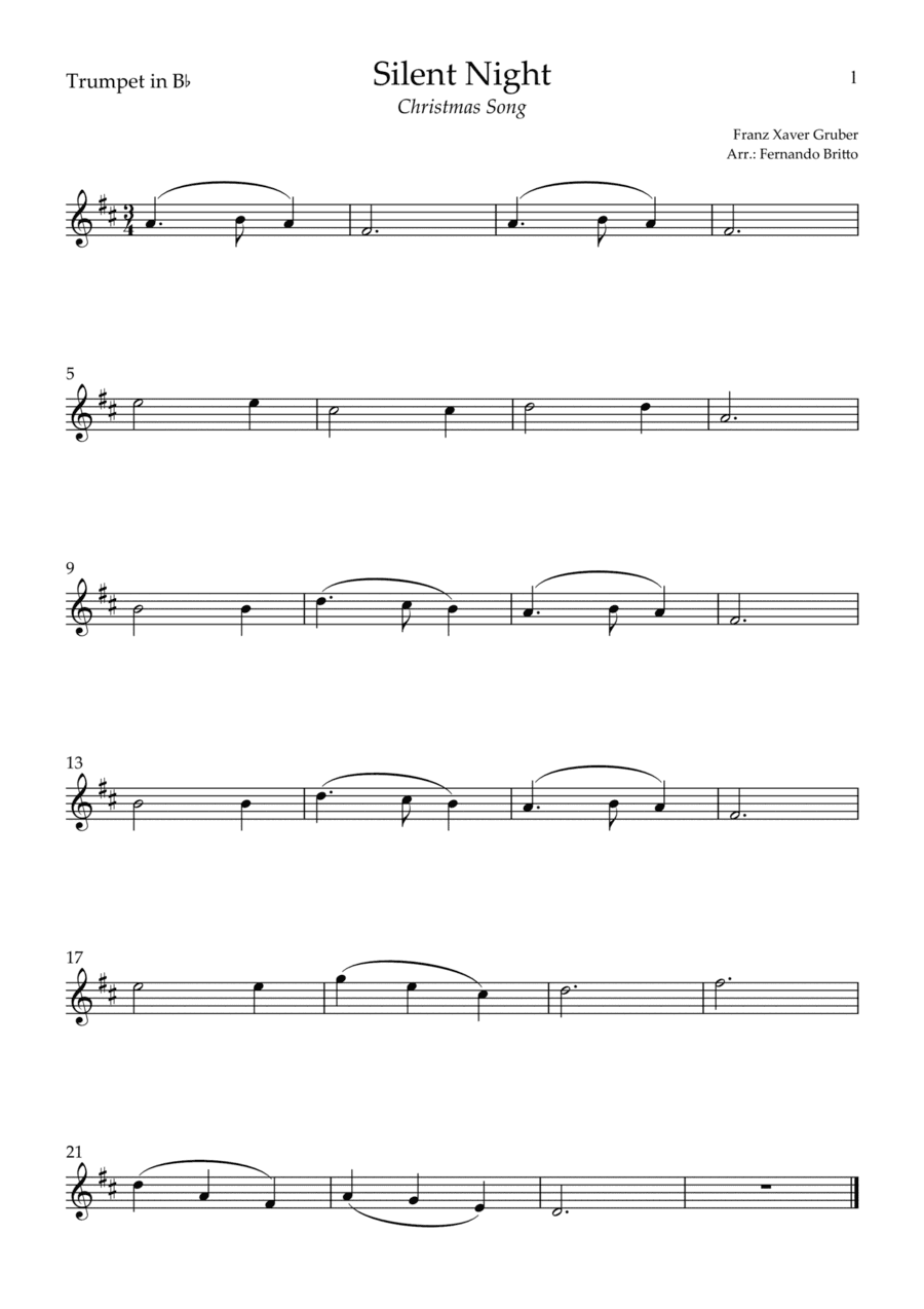 Silent Night (Christmas Song) for Trumpet in Bb Solo (C Major) (arr. Fernando Britto)