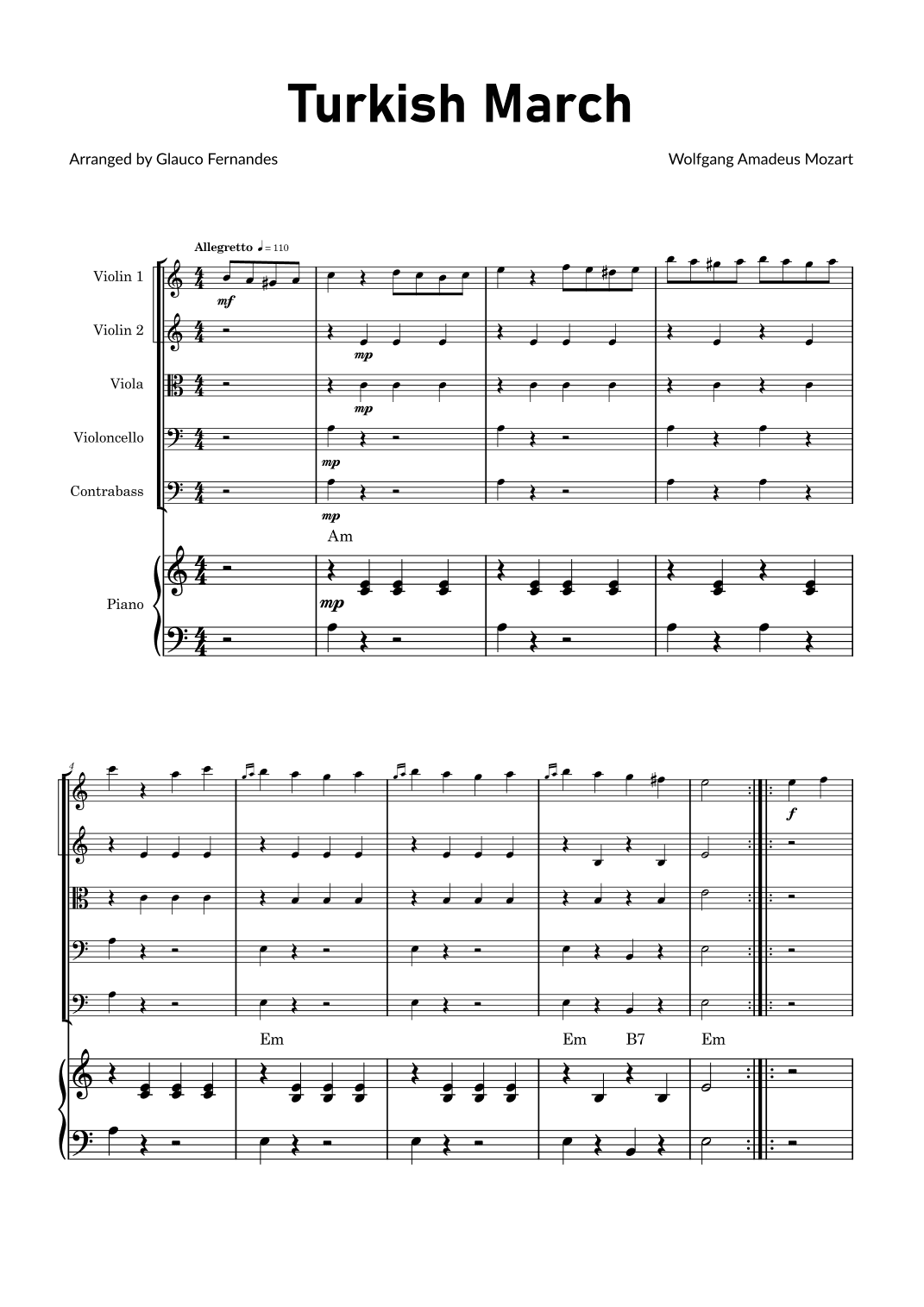 Turkish March by Mozart - String Orchestra with Piano and Chord Notations (arr. Glauco Fernandes)
