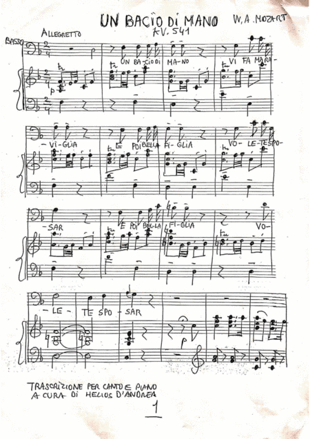 Mozart Un bacio di mano voice and piano (arr. Helios D'Andrea)