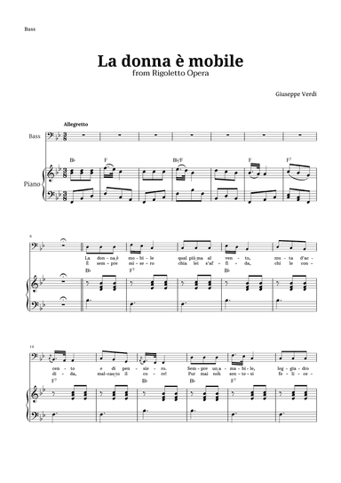 La donna è mobile in B-flat major for Bass and Piano (arr. Langanho)