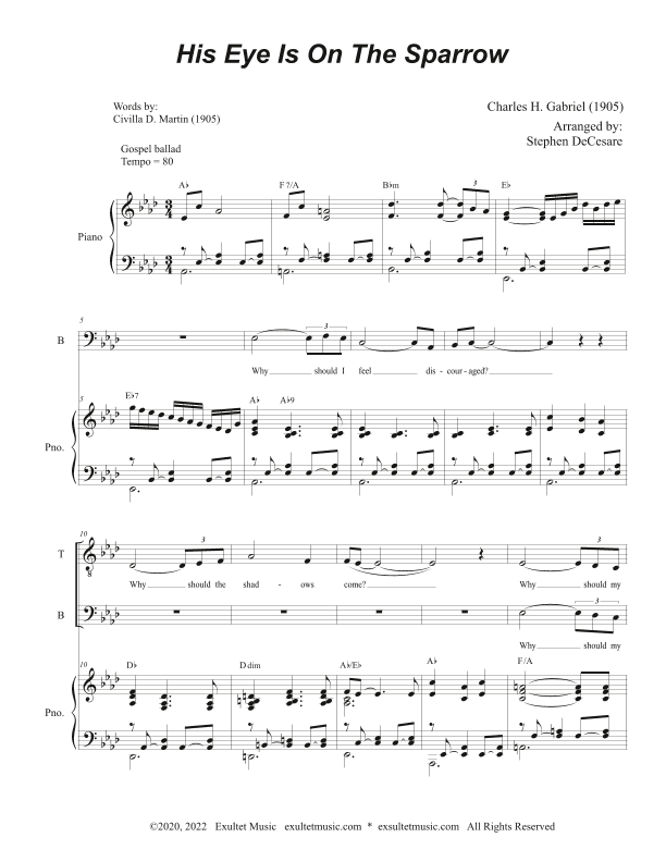 His Eye Is On The Sparrow (for 2-part choir - (TB) (Easy Choir Version) (arr. Stephen DeCesare)