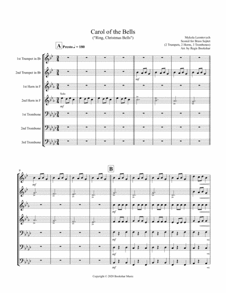 Carol of the Bells (F min) (Brass Septet - 2 Trp, 2 Hrn, 3 Trb) (arr. Regis Bookshar)