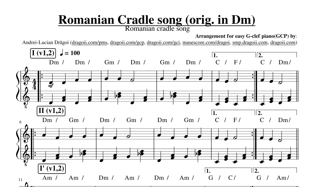 Anonymous - Romanian Cradle song - G-clef piano (GCP) arrangement (arr. Andrei-Lucian Drăgoi)