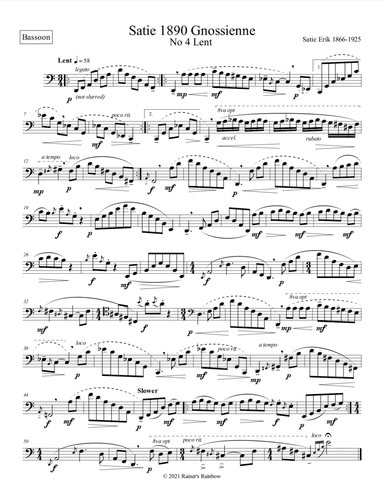 Satie 1890 Gnossienne No 4 Lent for unaccompanied solo Bassoon (arr. Rainer Grant Roth)