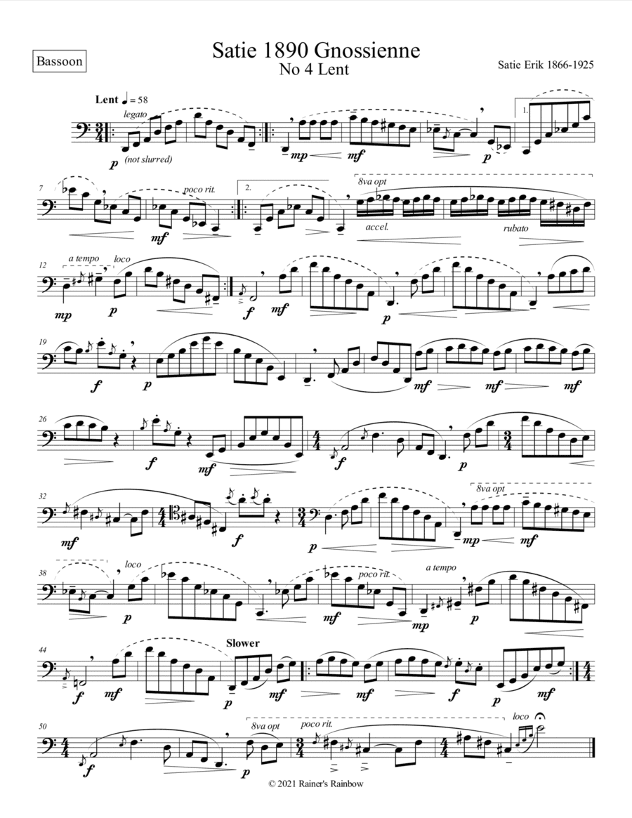 Satie 1890 Gnossienne No 4 Lent for unaccompanied solo Bassoon (arr. Rainer Grant Roth)