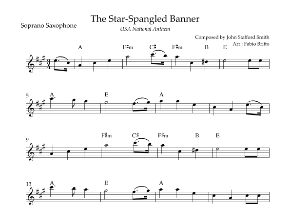 The Star Spangled Banner (USA National Anthem) for Soprano Saxophone Solo with Chords (G Major) (arr. Fabio Britto)