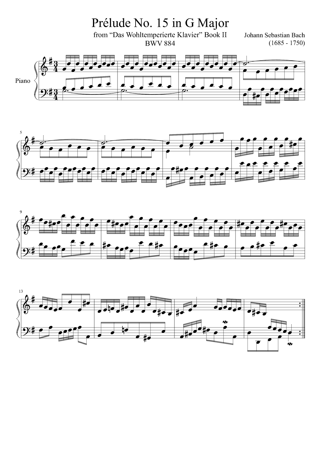 Prelude No. 15 BWV 884 in G Major (arr. Zachary Corbett)