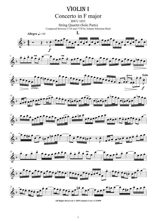 Bach - Concerto in F major BWV 1053 for String Quartet - Complete Parts (arr. Santino Cara)