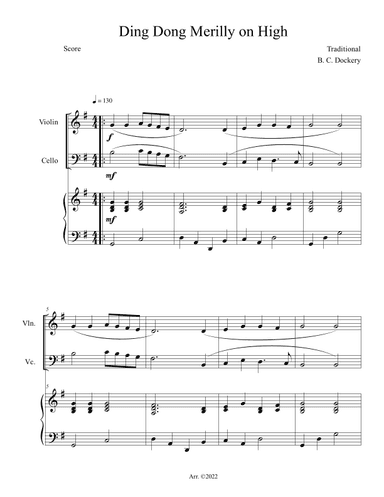 Ding Dong Merrily on High (Violin and Cello Duet with Piano Accompaniment) (arr. B. C. Dockery)