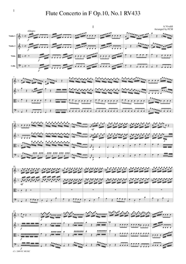 Vivaldi  Flute Concerto in F Op.10, No.1, RV433, all mvts., for string quartet, CV107 (arr. FCMUSIC)