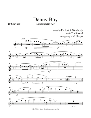 Danny Boy for Clarinet Quintet - B flat Clarinet 1 part (arr. Nick Raspa)