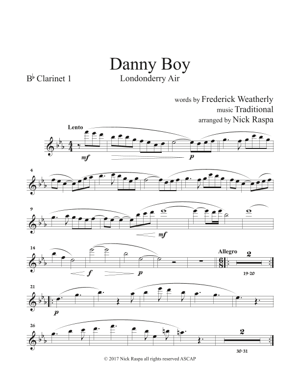 Danny Boy for Clarinet Quintet - B flat Clarinet 1 part (arr. Nick Raspa)