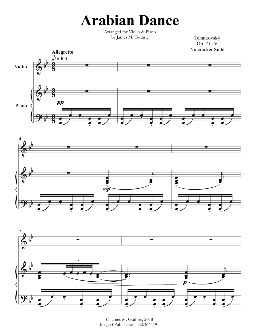 Tchaikovsky: Arabian Dance from Nutcracker Suite for Violin & Piano (arr. James M. Guthrie, ASCAP)