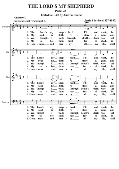 The Lord's My Shepherd (Crimond) A Cappella SAB (arr. Andrew Emmet)