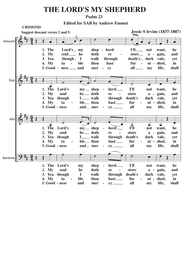 The Lord's My Shepherd (Crimond) A Cappella SAB (arr. Andrew Emmet)