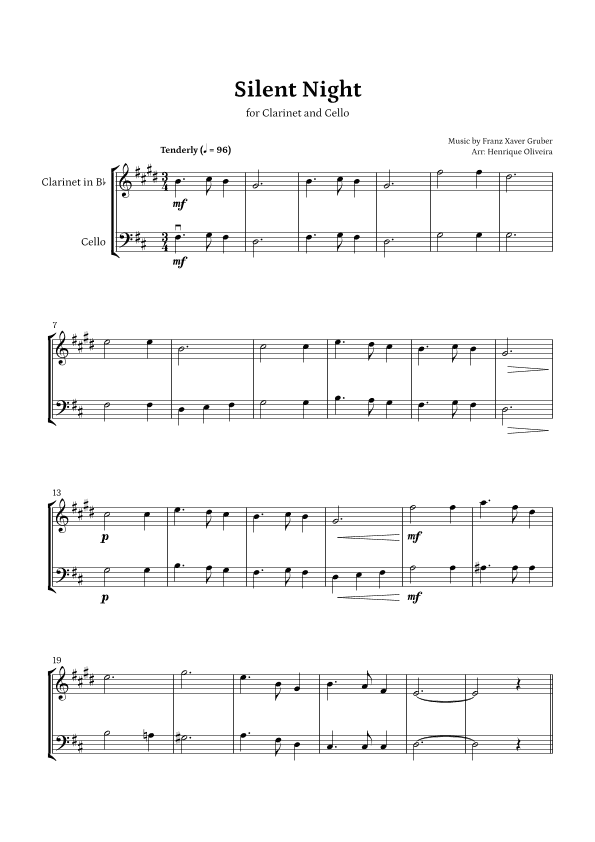 Silent Night (Clarinet and Cello) - Beginner Level (arr. Henrique Oliveira)