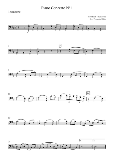 Piano Concerto Nº 1 - 1st Mov. Theme (P. Tchaikovsky) for Trombone Solo (D Major) (arr. Fernando Britto)