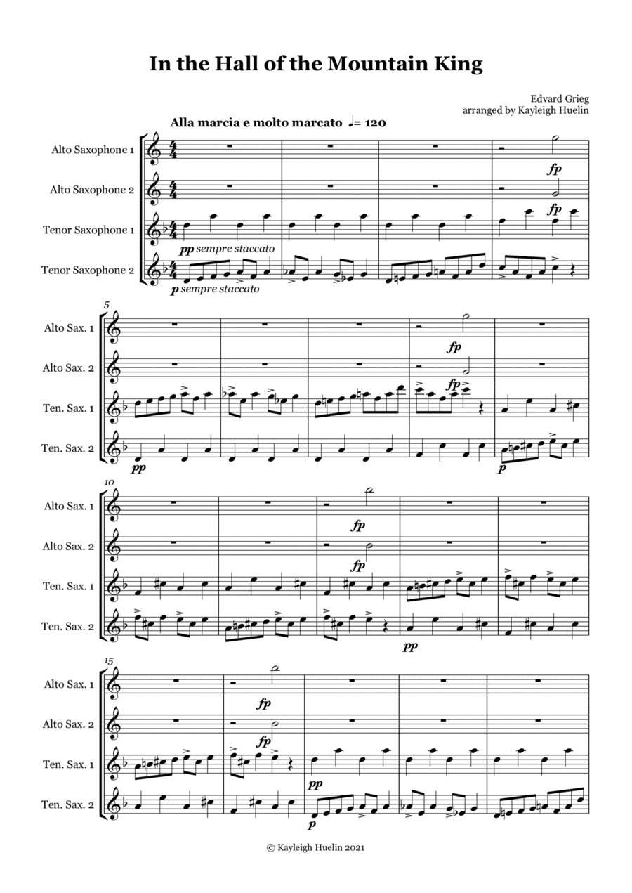 In the Hall of the Mountain King by Edvard Grieg - Saxophone quartet (AATT) (arr. Kayleigh Huelin)