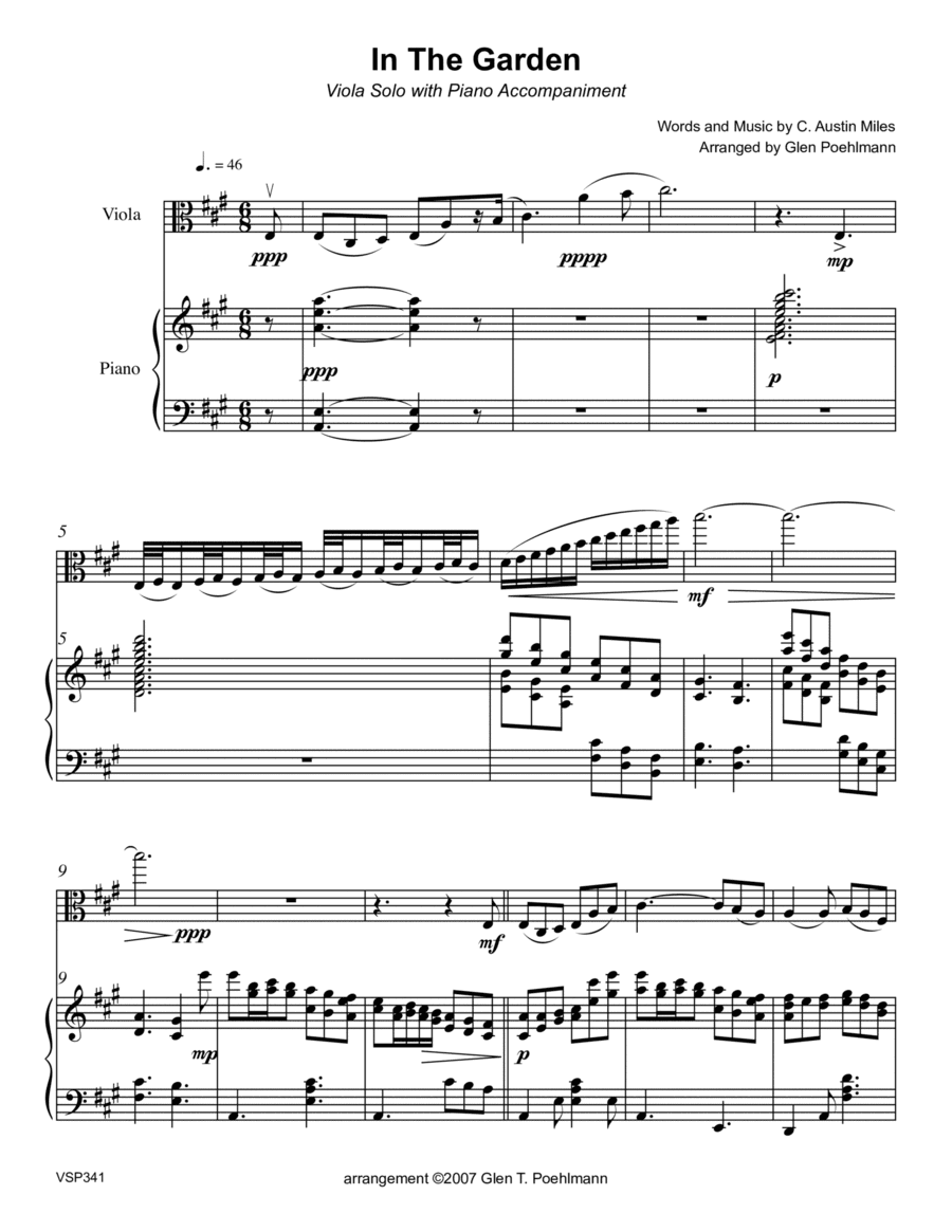 IN THE GARDEN - VIOLA SOLO with Piano Accompaniment (2 versions included) (arr. Glen Poehlmann)