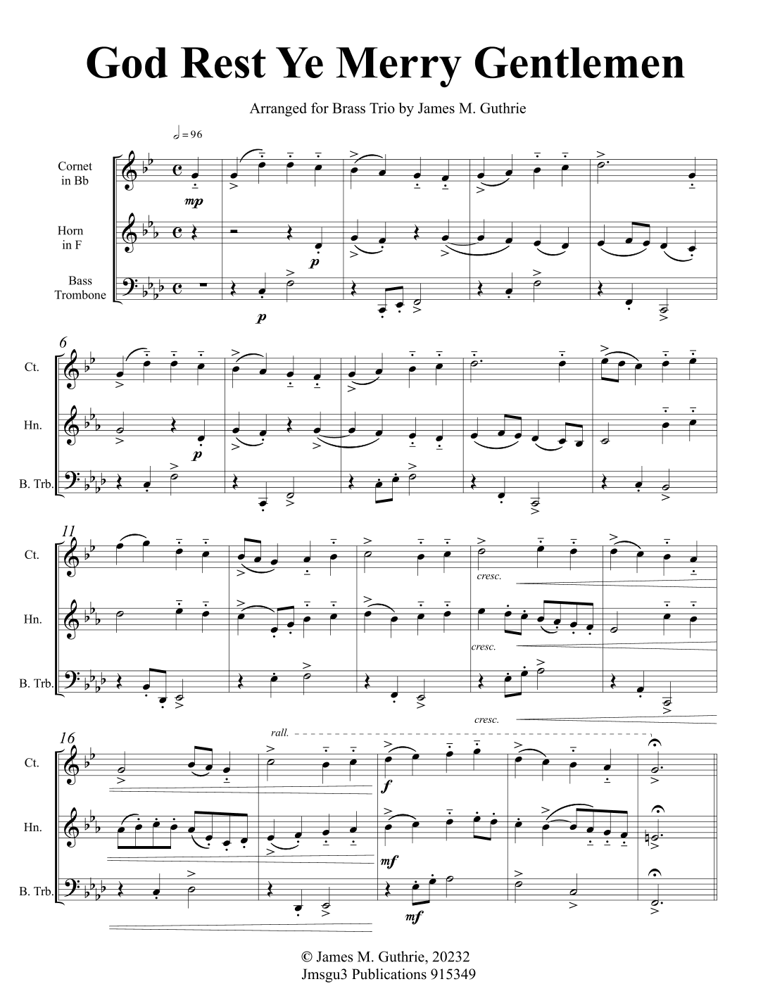 God Rest Ye Merry Gentlemen for Brass Trio (arr. James M. Guthrie)