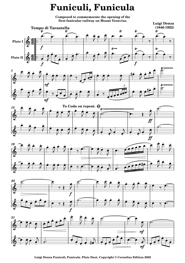 Luigi Denza. Peppino Turco. "Funiculi, Funicula" arranged or Two Flutes. Woodwind Duet (arr. Glenn Martin)
